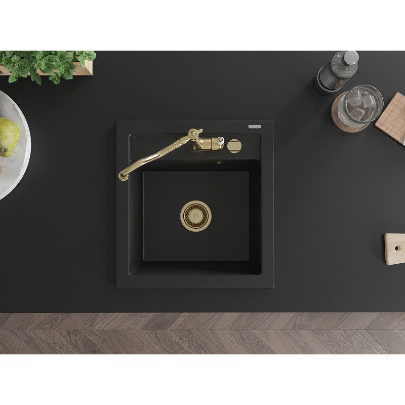 Mexen Vito granitinė kriauklė vienos kameros su Carla virtuviniu maišytuvu, juoda - 6503-77-670700-50