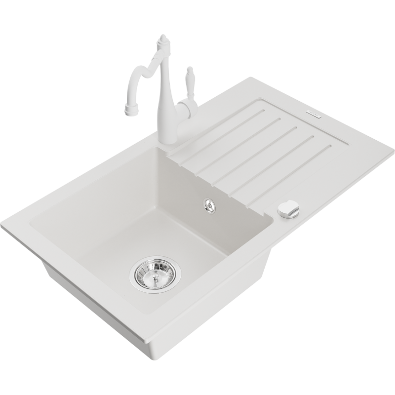 Mexen Pablo granitinė vienos sekcijos plautuvė su nusausinimo dėklu ir virtuviniu maišytuvu Carla, balta - 6510-20-670700-20