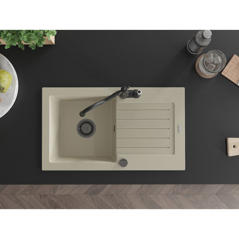 Mexen Pablo granito vienos sekcijos plautuvė su nusausintuvu ir virtuviniu maišytuvu Carla, smėlio spalvos - 6510-69-670700-70