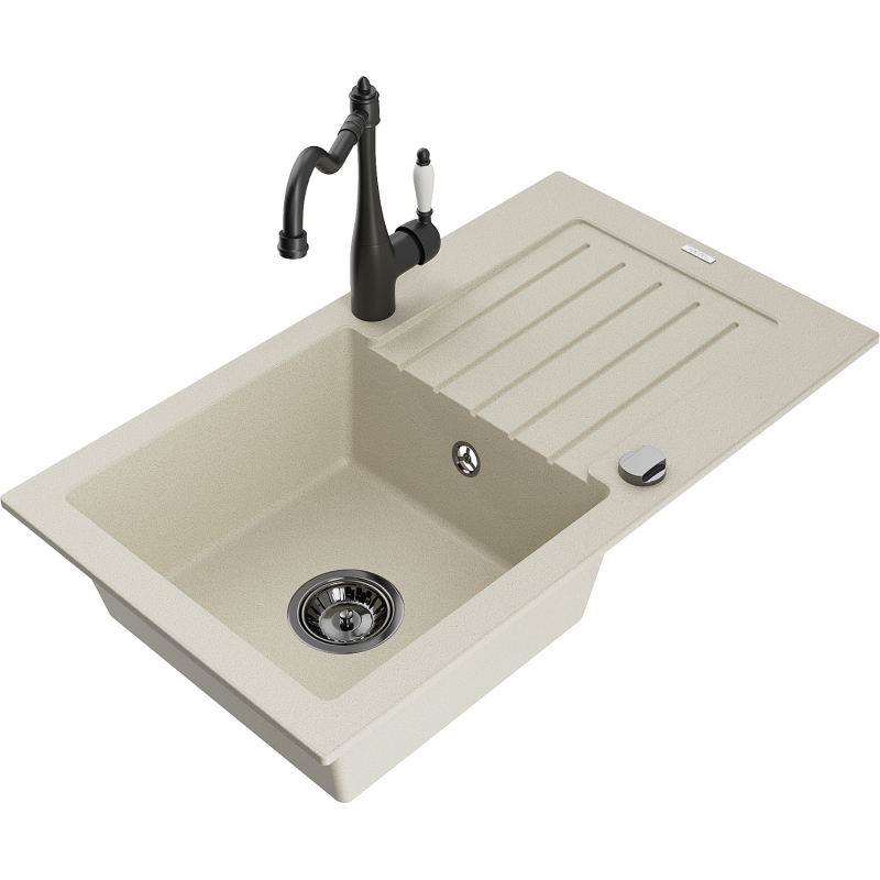 Mexen Pablo granito vienos sekcijos plautuvė su nusausintuvu ir virtuviniu maišytuvu Carla, smėlio spalvos - 6510-69-670700-70