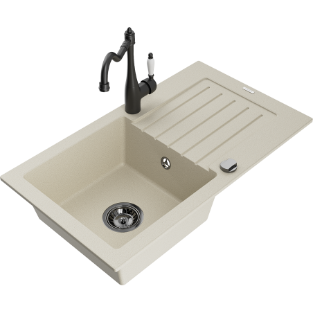 Mexen Pablo granito vienos sekcijos plautuvė su nusausintuvu ir virtuviniu maišytuvu Carla, smėlio spalvos - 6510-69-670700-70
