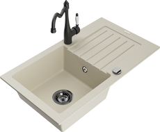 Mexen Pablo granito vienos sekcijos plautuvė su nusausintuvu ir virtuviniu maišytuvu Carla, smėlio spalvos - 6510-69-670700-70