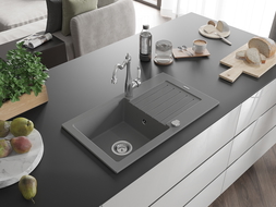 Mexen Pablo granitinė vienos kameros plautuvė su nusausinimo vieta ir virtuviniu maišytuvu Carla, pilka - 6510-71-670700-00