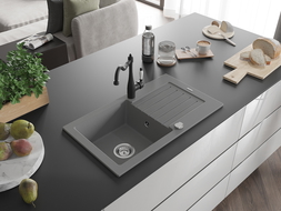 Mexen Pablo granitinis virtuvinis kriauklė 1-skyrių su nuvarveklu ir virtuviniu maišytuvu Carla, pilka - 6510-71-670700-70