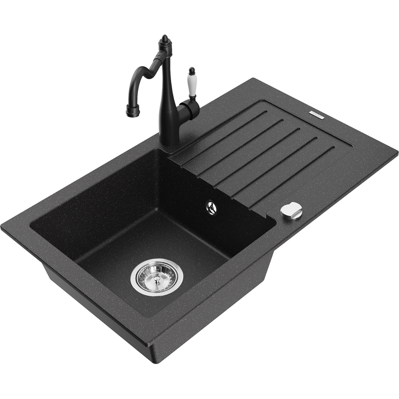 Mexen Pablo granitinė 1-skyrių plautuvė su nusausintuvu ir virtuviniu maišytuvu Carla, juoda/sidabrinė metalikas