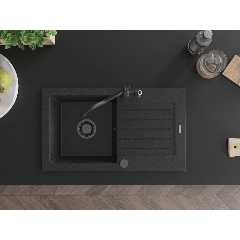 Mexen Pablo granitinė vienos kameros plautuvė su nutekėjimu ir virtuviniu maišytuvu Carla, juoda/sidabrinis metalikas