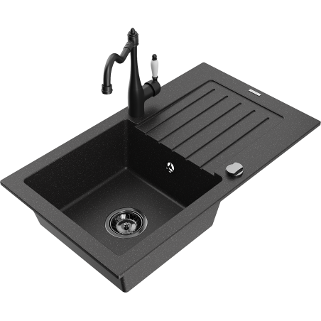 Mexen Pablo granitinė vienos kameros plautuvė su nutekėjimu ir virtuviniu maišytuvu Carla, juoda/sidabrinis metalikas