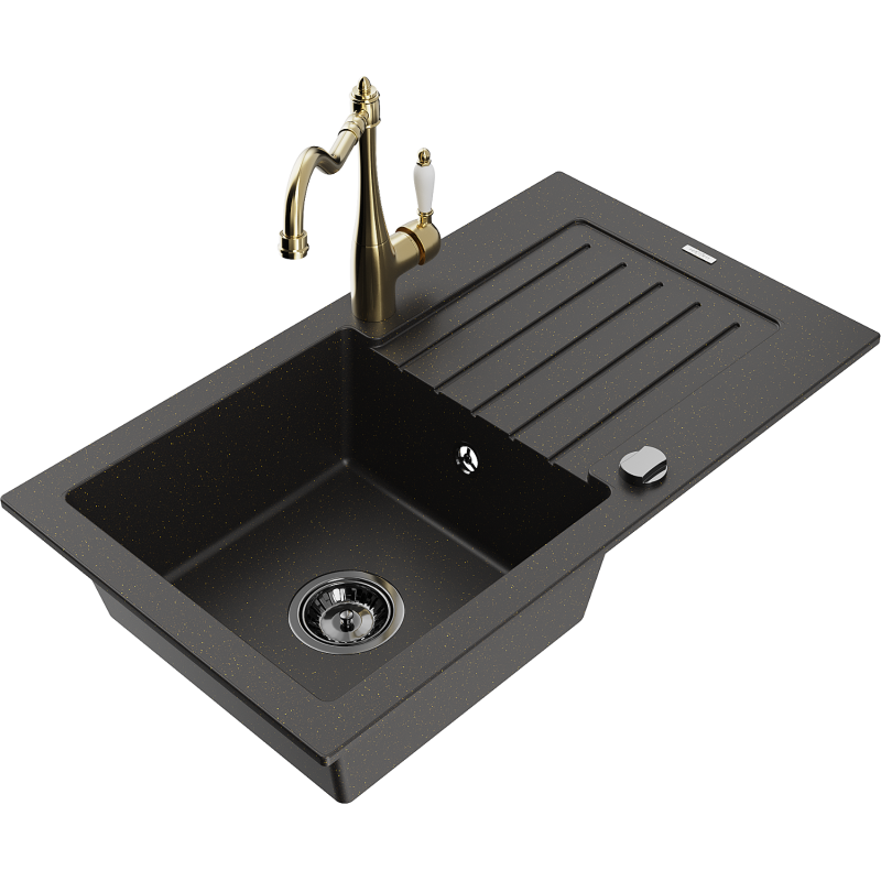 Mexen Pablo 1 skyrių granitinis plautuvas su nusausintuvu ir virtuvės maišytuvu Carla, juoda/auksinė metalo spalva