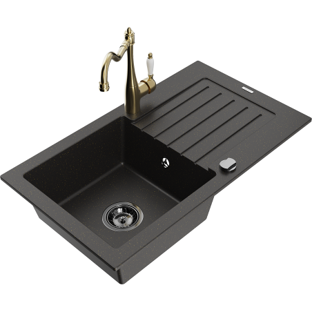 Mexen Pablo 1 skyrių granitinis plautuvas su nusausintuvu ir virtuvės maišytuvu Carla, juoda/auksinė metalo spalva