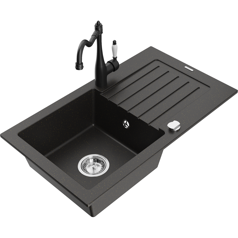 Mexen Pablo granitinė vieno dubens plautuvė su nutekėjimu ir virtuvės maišytuvu Carla, juoda/auksinė metalo spalva