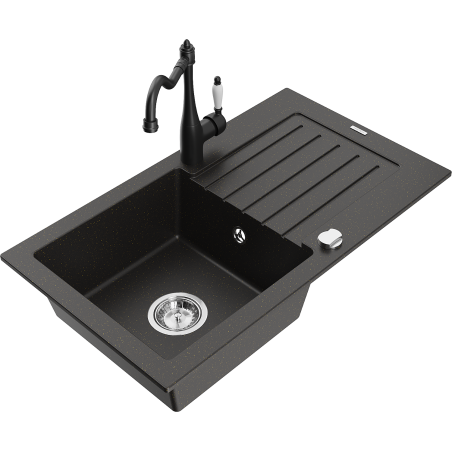 Mexen Pablo granitinė vieno dubens plautuvė su nutekėjimu ir virtuvės maišytuvu Carla, juoda/auksinė metalo spalva