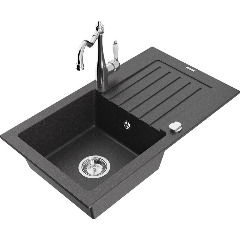 Mexen Pablo granitinė vienos kameros plautuvė su nusausintuvu ir virtuviniu maišytuvu Carla, juoda su taškeliais