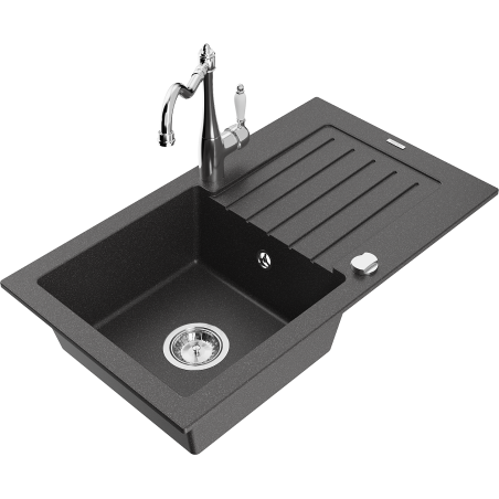 Mexen Pablo granitinė vienos kameros plautuvė su nusausintuvu ir virtuviniu maišytuvu Carla, juoda su taškeliais