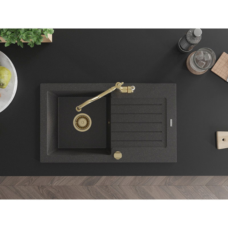 Mexen Pablo vienos komoros granitinis kriauklė su lašeliu ir virtuvės maišytuvu Carla, juodas su dėmelėmis
