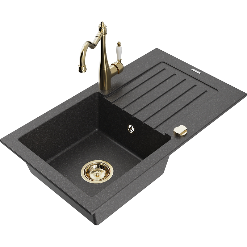 Mexen Pablo vienos komoros granitinis kriauklė su lašeliu ir virtuvės maišytuvu Carla, juodas su dėmelėmis