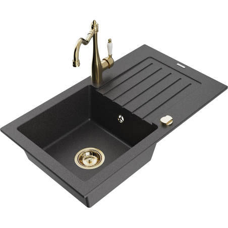Mexen Pablo vienos komoros granitinis kriauklė su lašeliu ir virtuvės maišytuvu Carla, juodas su dėmelėmis