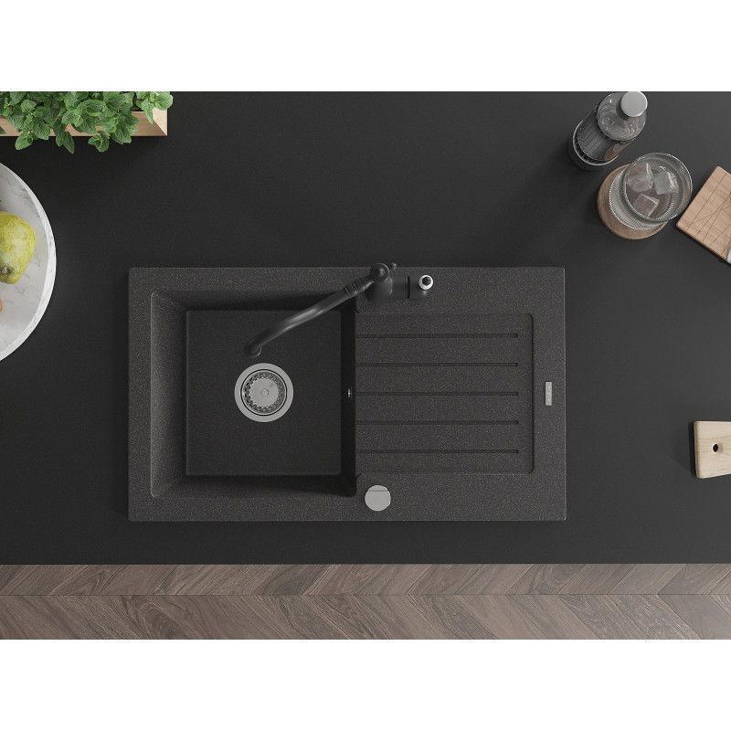 Mexen Pablo granitinis vienos kameros plautuvė su nusausintuvu ir virtuvės čiaupu Carla, juoda dėmėta - 6510-76-670700-70