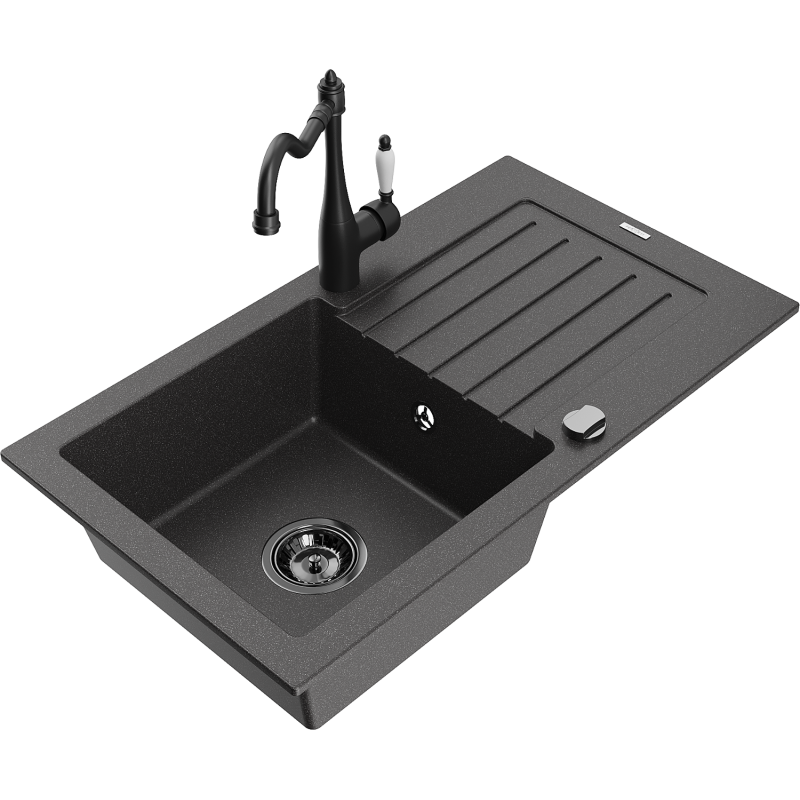 Mexen Pablo vienos kameros granito virtuvės kriauklė su nusausinimo indu ir virtuvės čiaupu Carla, juoda spalvota