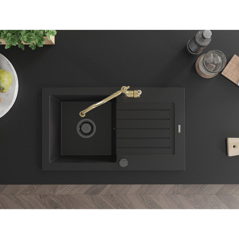 Mexen Pablo granito plautuvė su vienu dubeniu, nuvarvėtu ir virtuviniu maišytuvu Carla, juoda - 6510-77-670700-50-B
