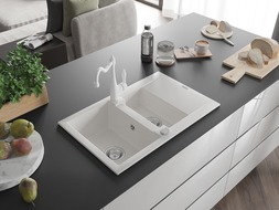 Mexen Gaspar granitinė plautuvė 1,5-dubenėlio su nusausintuvu ir virtuviniu maišytuvu Carla, balta - 6507-20-670700-20