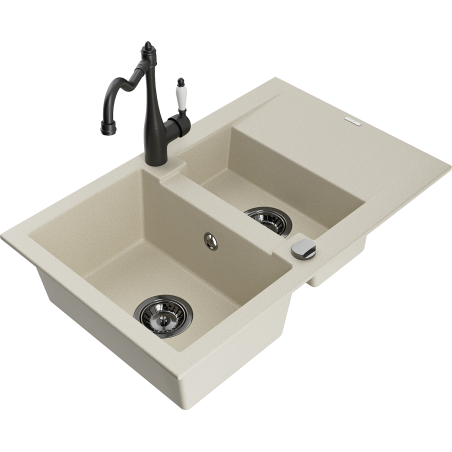 Mexen Gaspar granitinė 1,5 kamerinė kriauklė su nuvarvėjimo vieta ir virtuviniu maišytuvu Carlav, smėlinė