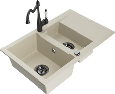 Mexen Gaspar granitinė 1,5 kamerinė kriauklė su nuvarvėjimo vieta ir virtuviniu maišytuvu Carlav, smėlinė