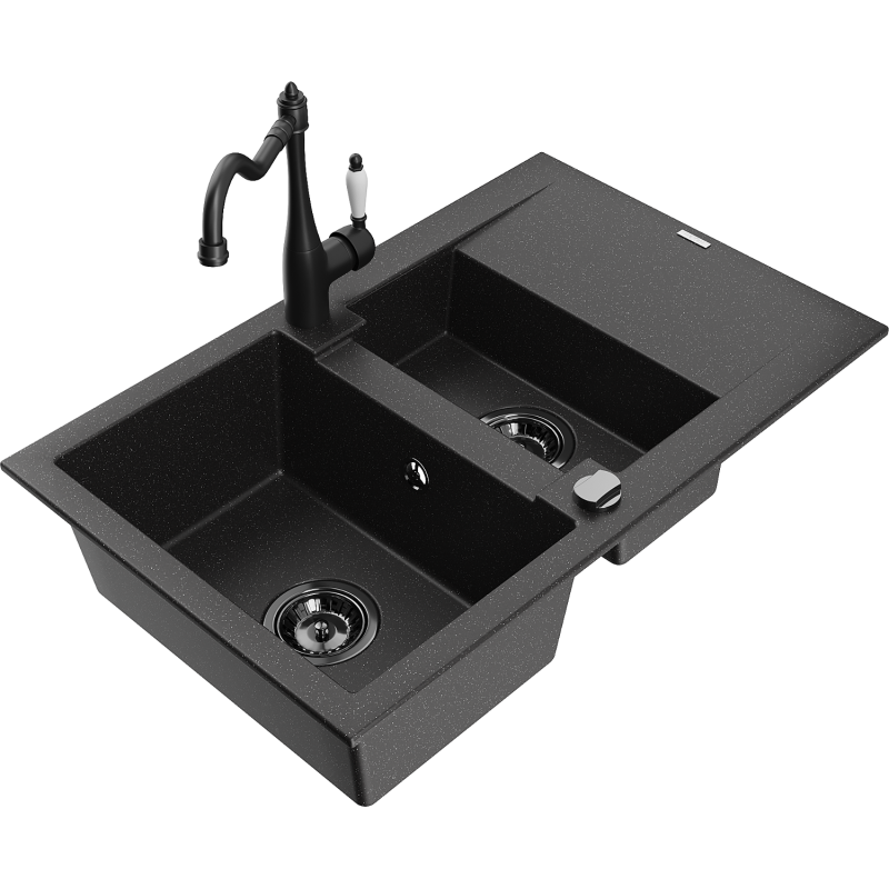 Mexen Gaspar 1,5 kamerų granitinė plautuvė su nutekėjimu ir virtuviniu maišytuvu Carla, juoda/sidabrinė