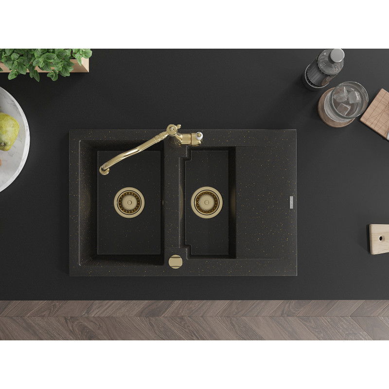 Mexen Gaspar 1,5 skylių granitinė kriauklė su nutekėjimu ir virtuvės maišytuvu Carla, juoda/aukso metalo spalvos
