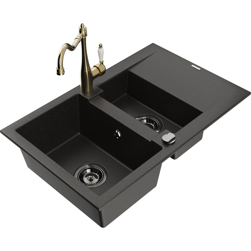 Mexen Gaspar granitinė 1,5 dalių plautuvė su nusausintuvu ir virtuviniu maišytuvu Carla juoda/auksinis metalikas