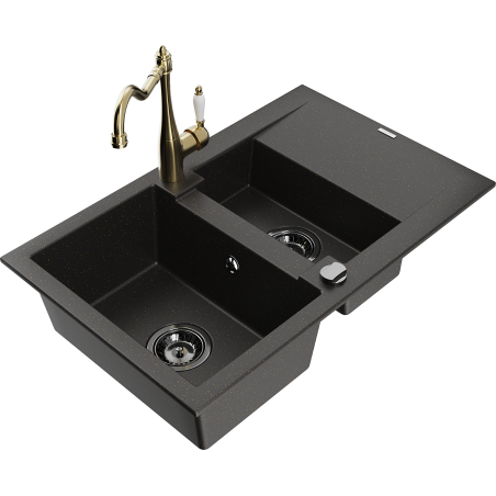 Mexen Gaspar granitinė 1,5 dalių plautuvė su nusausintuvu ir virtuviniu maišytuvu Carla juoda/auksinis metalikas
