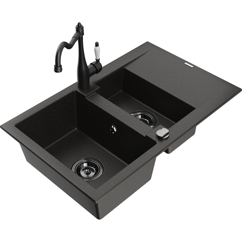 Mexen Gaspar granitinė kriauklė 1,5 skylių su nutekėjimu ir virtuviniu maišytuvu Carla juoda/auksinė metalika