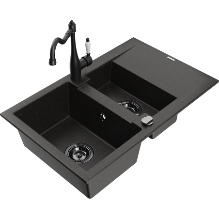 Mexen Gaspar granitinė kriauklė 1,5 skylių su nutekėjimu ir virtuviniu maišytuvu Carla juoda/auksinė metalika