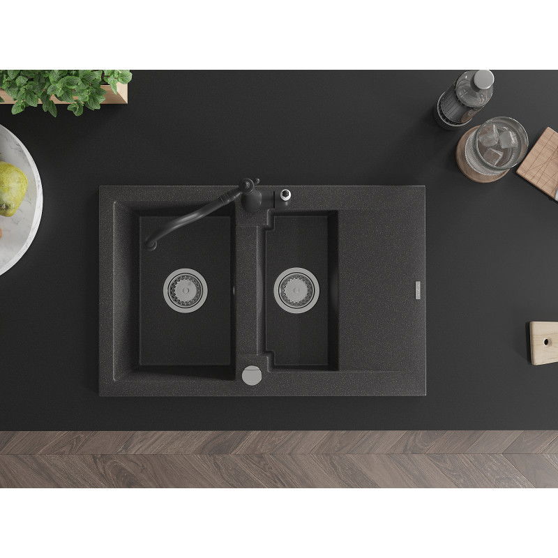 Mexen Gaspar granitinė kriauklė 1,5 kamerų su drenažu ir virtuviniu maišytuvu Carla, juoda taškuota - 6507-76-670700-70