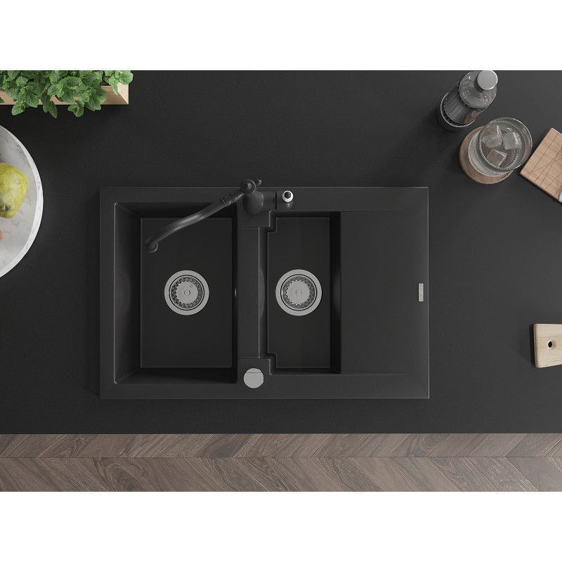 Mexen Gaspar granito plautuvė 1,5 skyrių su nutekėjimu ir virtuvės maišytuvu Carla, juodas - 6507-77-670700-00