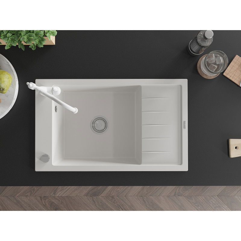 Mexen Elias granitinė plautuvė 1-dalinė su indaplove ir virtuvės maišytuvu Carla, balta - 6511-20-670700-20