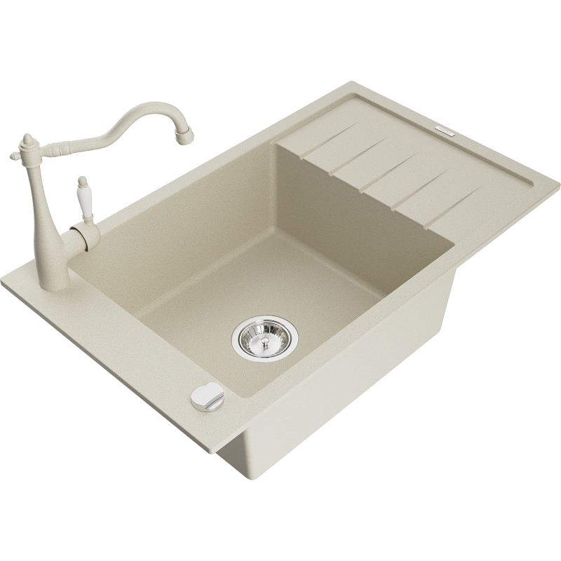 Mexen Elias granitinė vieno dubens plautuvė su nusausinimo lentynėle ir virtuviniu maišytuvu Carla, smėlio spalvos