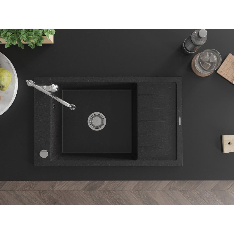 Mexen Elias granitinė vieno dubens plautuvė su nusausikliu ir virtuviniu maišytuvu Carla, juodas/sidabrinis metalikas