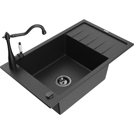 Mexen Elias granitinė vienos plautuvės kriauklė su nusausinimo vieta ir virtuviniu maišytuvu Carla, juodas/sidabrinis