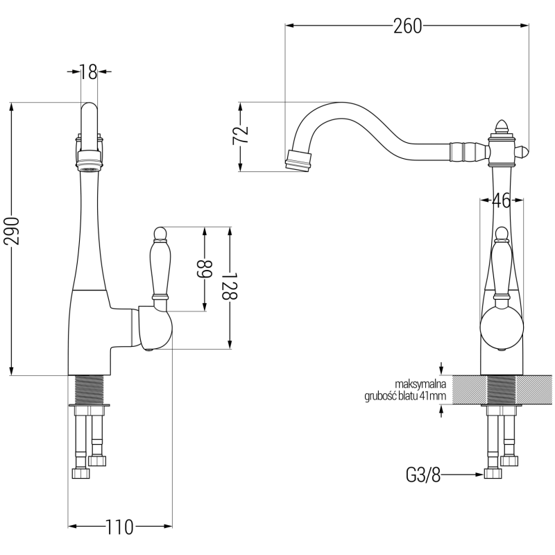 Mexen Elias granitinė vienos plautuvės kriauklė su nusausinimo vieta ir virtuviniu maišytuvu Carla, juodas/sidabrinis