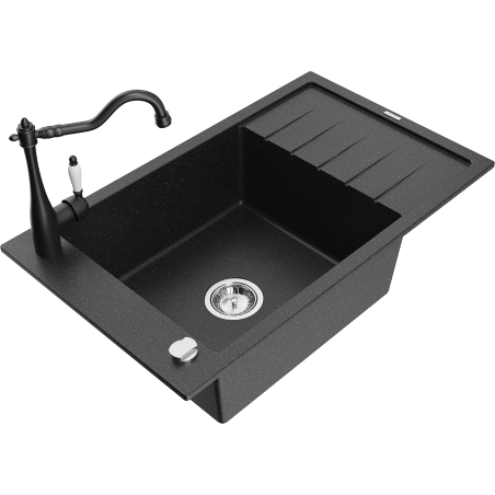 Mexen Elias granitinė vienos plautuvės kriauklė su nuvarvėtu ir virtuviniu maišytuvu Carla, juoda/sidabrinis metalikas