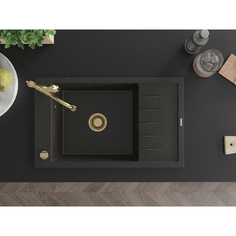 Mexen Elias Vienos komoros granitinis plautuvas su nusausintuvu ir virtuviniu maišytuvu Carla, juodas/auksinio metalo