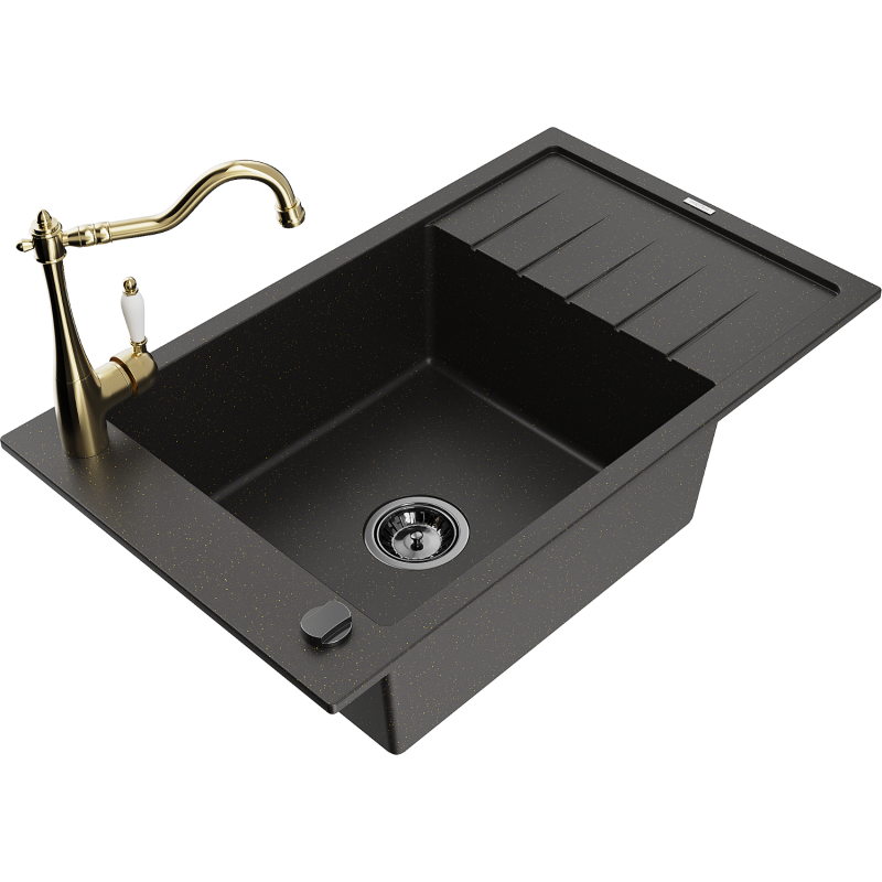 Mexen Elias granitinė vienos kameros plautuvė su nuvarvėjimo plokšte ir virtuvės maišytuvu Carla, juoda/auksinis metalikas