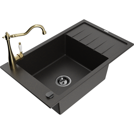 Mexen Elias granitinė vienos kameros plautuvė su nuvarvėjimo plokšte ir virtuvės maišytuvu Carla, juoda/auksinis metalikas