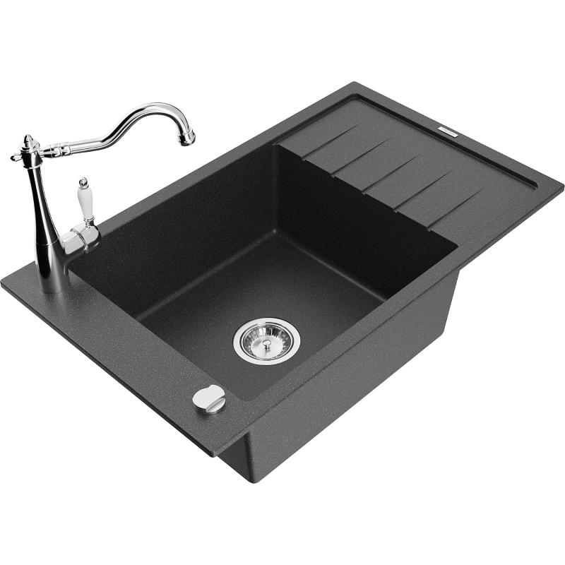 Mexen Elias granitinė vienos plautuvės kriauklė su nusausinimo zona ir virtuviniu maišytuvu Carla, juoda su taškeliais