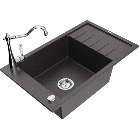 Mexen Elias granitinė vienos plautuvės kriauklė su nusausinimo zona ir virtuviniu maišytuvu Carla, juoda su taškeliais