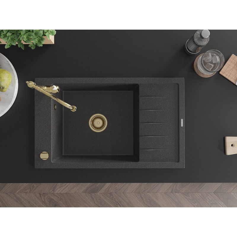 Mexen Elias granitinė vienos kameros plautuvė su drenažu ir virtuviniu maišytuvu Carla, juoda dėmėta - 6511-76-670700-50