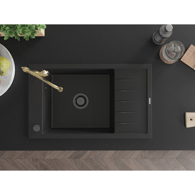 Mexen Elias granito plautuvėle su viena kamera, nuvarvėjimo vieta ir virtuviniu maišytuvu Carla, juoda - 6511-77-670700-50-B