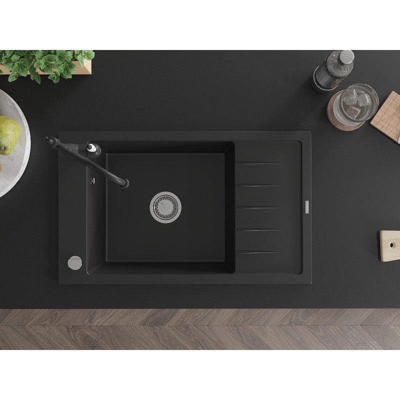 Mexen Elias granito plautuvė su viena kamera, lašintuvu ir virtuviniu maišytuvu Carla, juoda - 6511-77-670700-70