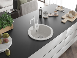 Mexen Diego granitinė vienos kameros kriauklė su virtuviniu maišytuvu Carla, balta - 6512-20-670700-20