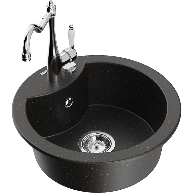 Mexen Diego 1-ių skyrių granito kriauklė su virtuviniu maišytuvu Carla, juodas/auksinio metališkumo - 6512-75-670700-00